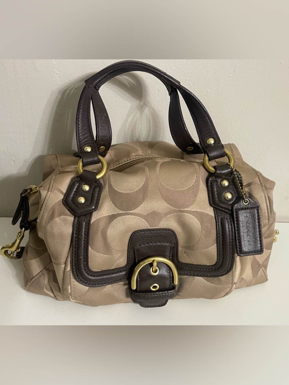 Coach Beige Signature Satchel with Dark Brown Leather Trim